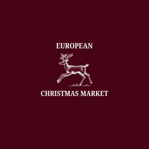 European Christmas Market logo with a reindeer on a dark red background.