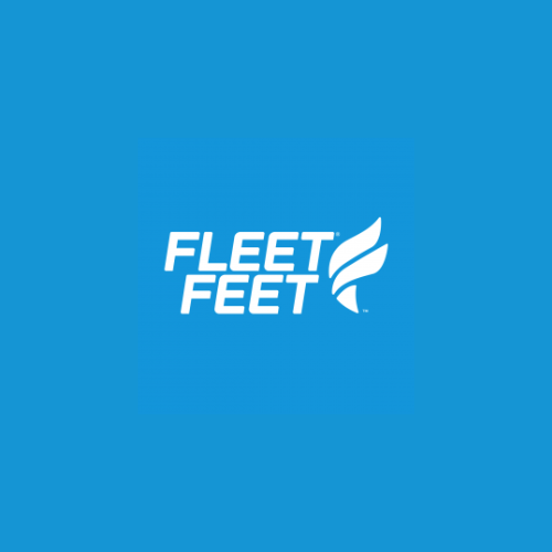 Fleet Feet logo on a blue background.