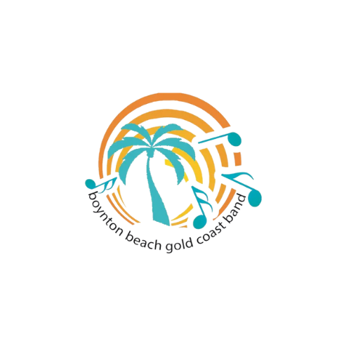 Logo of Boynton Beach Gold Coast Band featuring a palm tree, musical notes, and a sun with orange and teal colors.