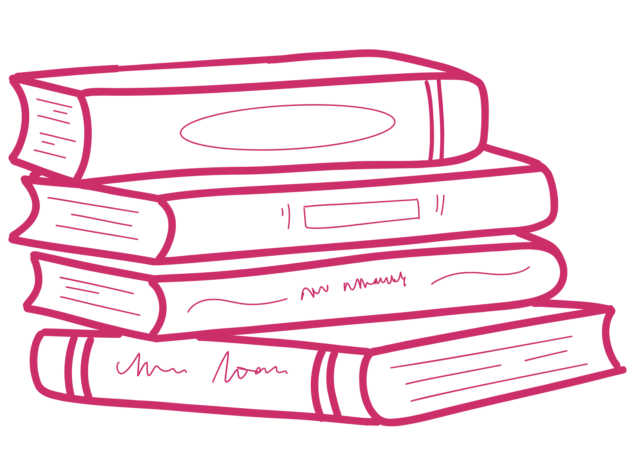 Sketch of a stack of books drawn with pink outlines on a transparent background.