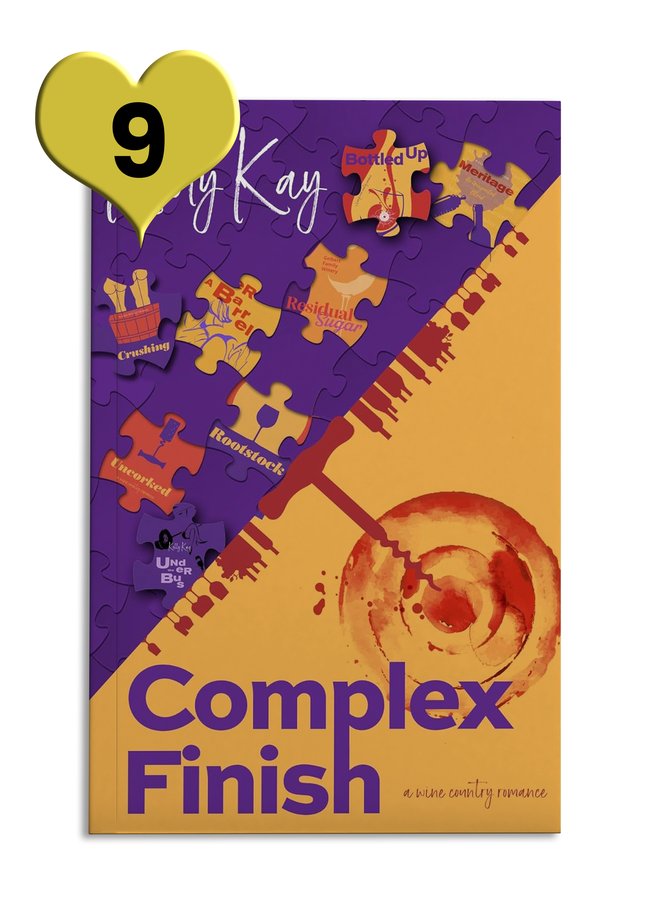 Purple and gold diagonal-split book cover reads 'Complex Finish' by Kelly Kay with an illustration of jigsaw puzzle pieces and a wine cork target