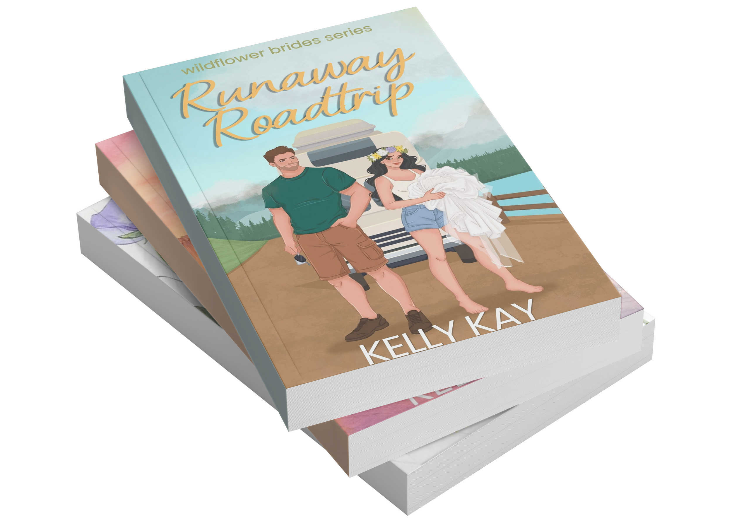 3 Books stacked on top of one another, the top cover reads Runaway roadtrip by Kelly kay and has a cartoon drawing of a man and woman standing next to eachother in front of an RV
