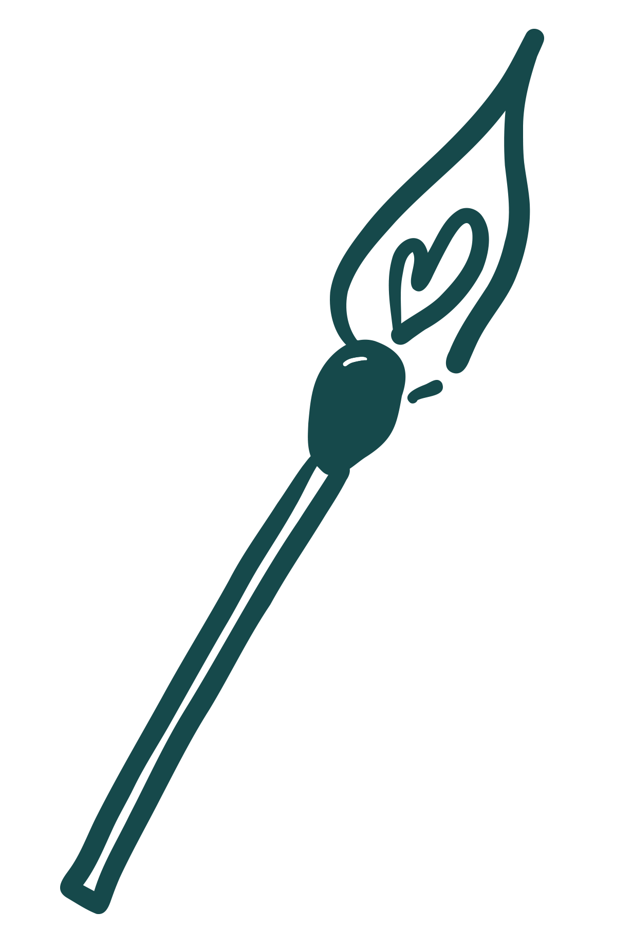 A dark teal line drawing of a match, with a heart at the center of the flame on a transparent background.