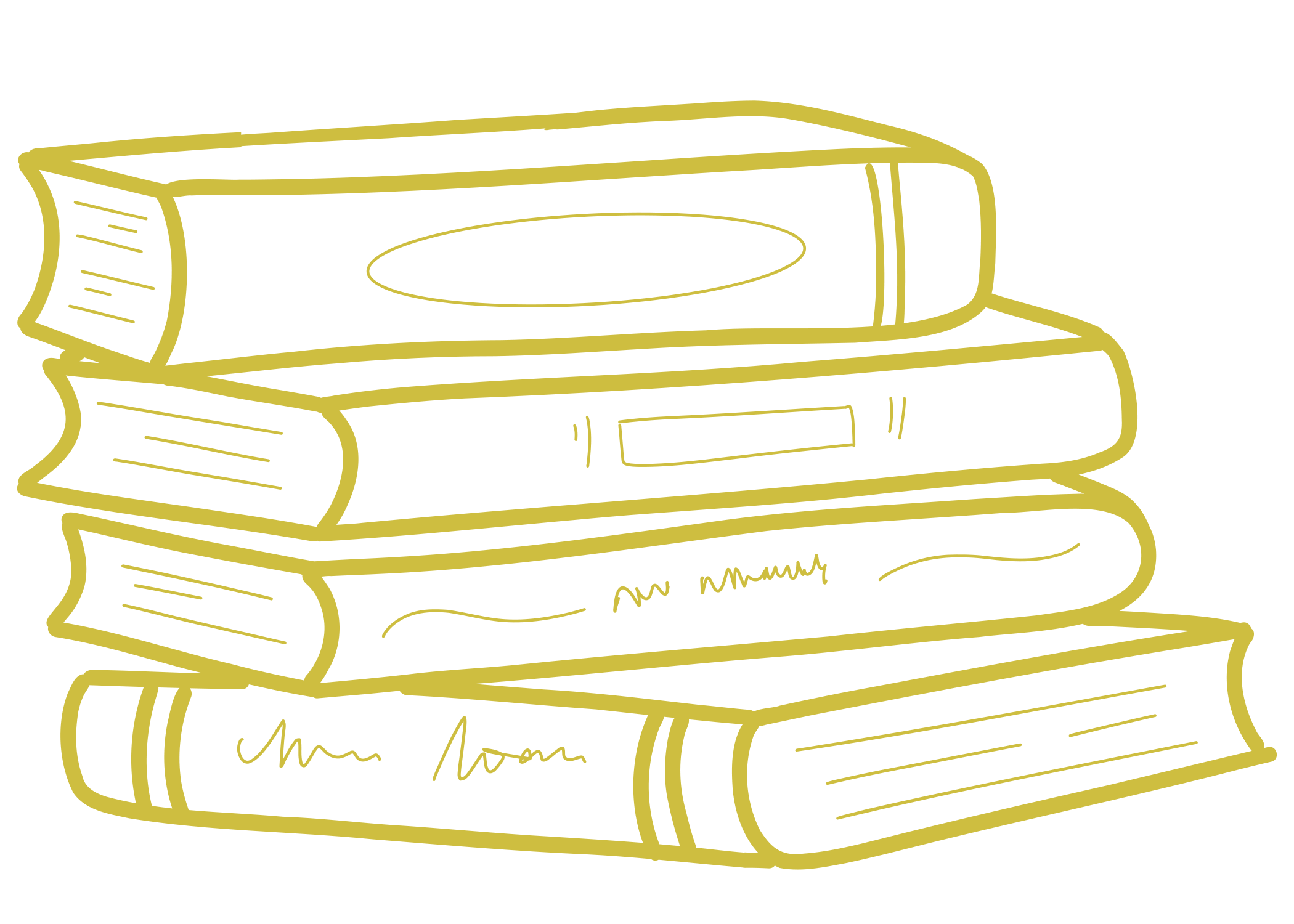 Sketch of a stack of books drawn with green outlines on a transparent background.