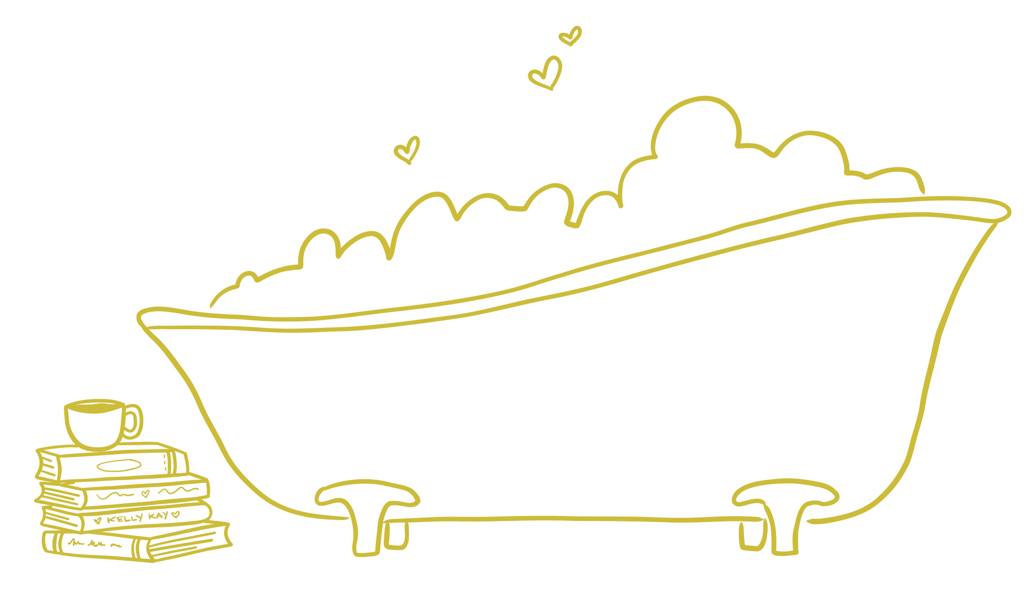 Light green outline drawing of a tub with bubbles and a stack of books to the left on the ground that has a cup of coffee sitting on top.