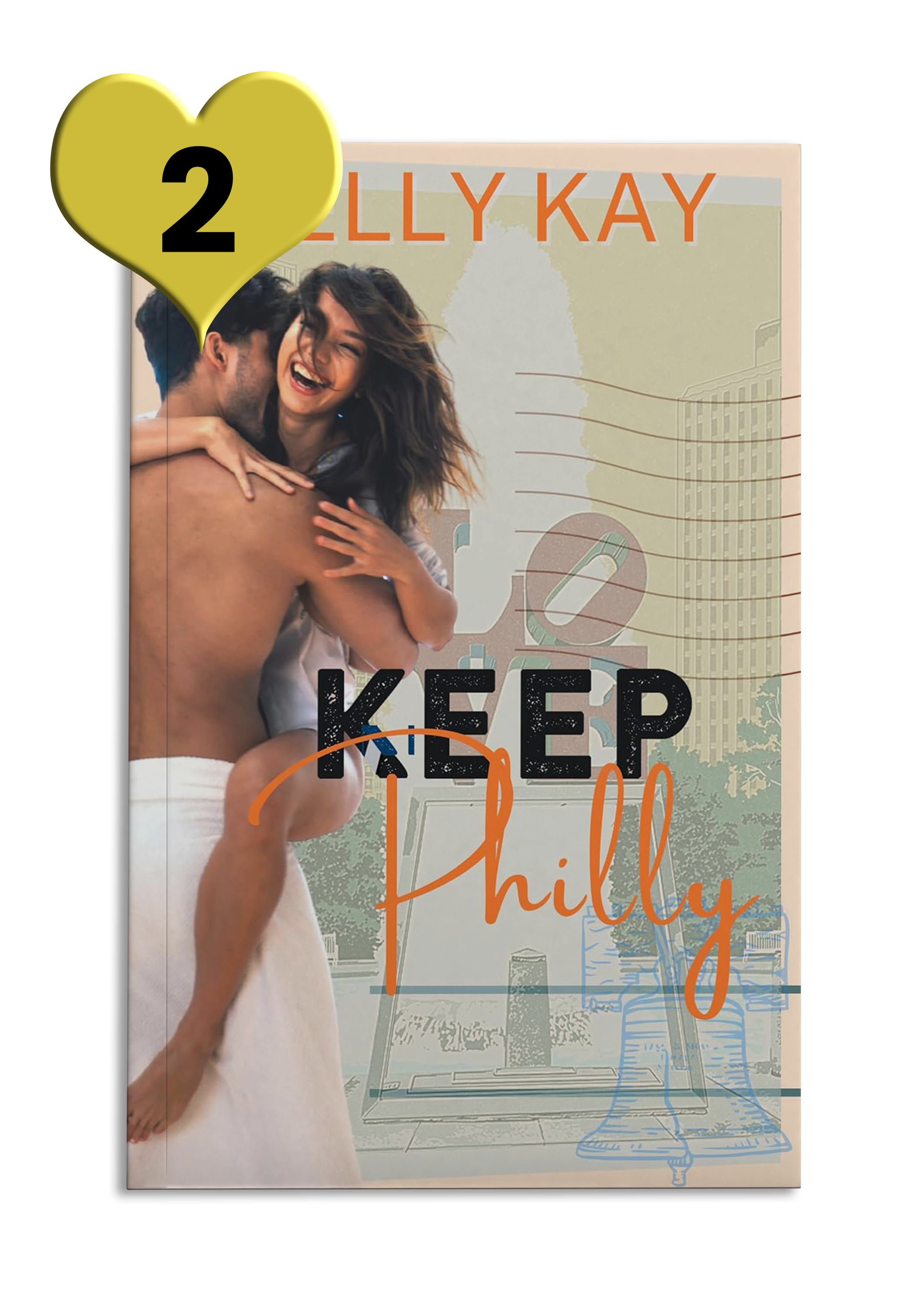 Photo book cover reads 'Keep Philly' by Kelly Kay with an embracing couple against a tan background and a Philadelphia skyline watermark