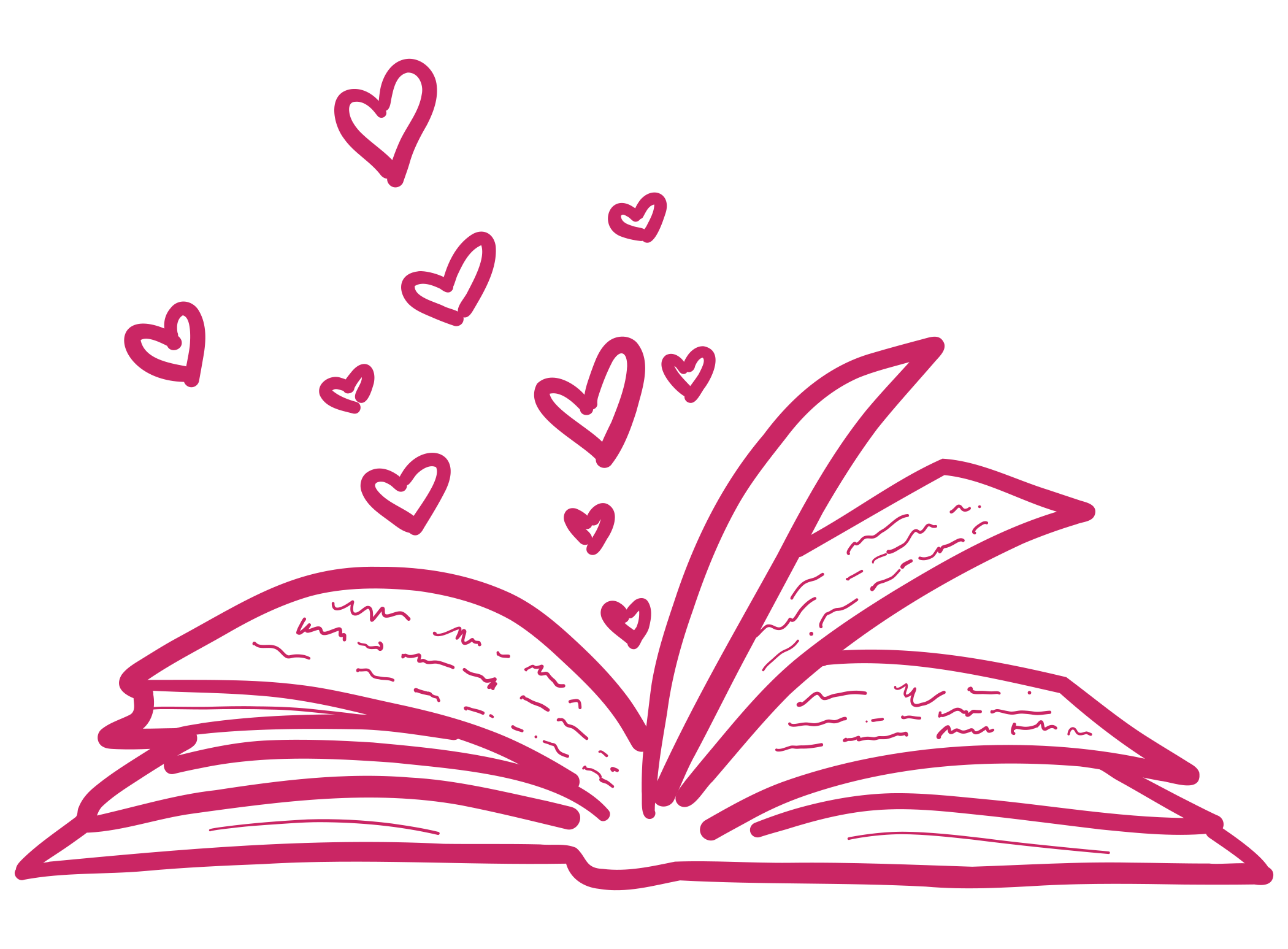 Illustration of a book with pages open, emitting pink hearts and sparkles, suggesting love or admiration for reading.