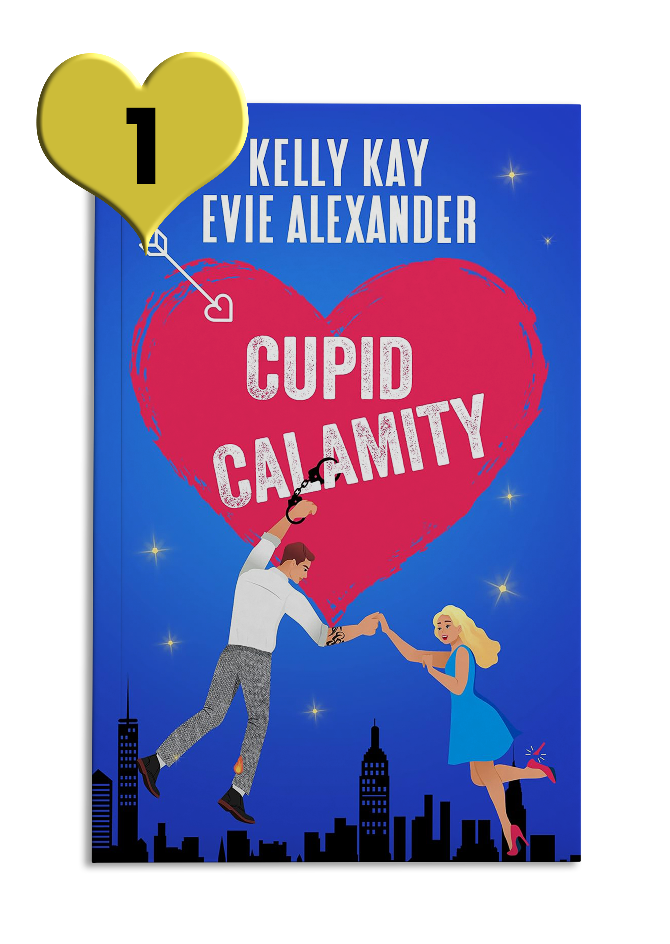 Blue starry book cover reads 'Cupid Calamity' by Kelly Kay and Evie Alexander in a pink heart, with an illustration of a man tripping over a cupid's arrow