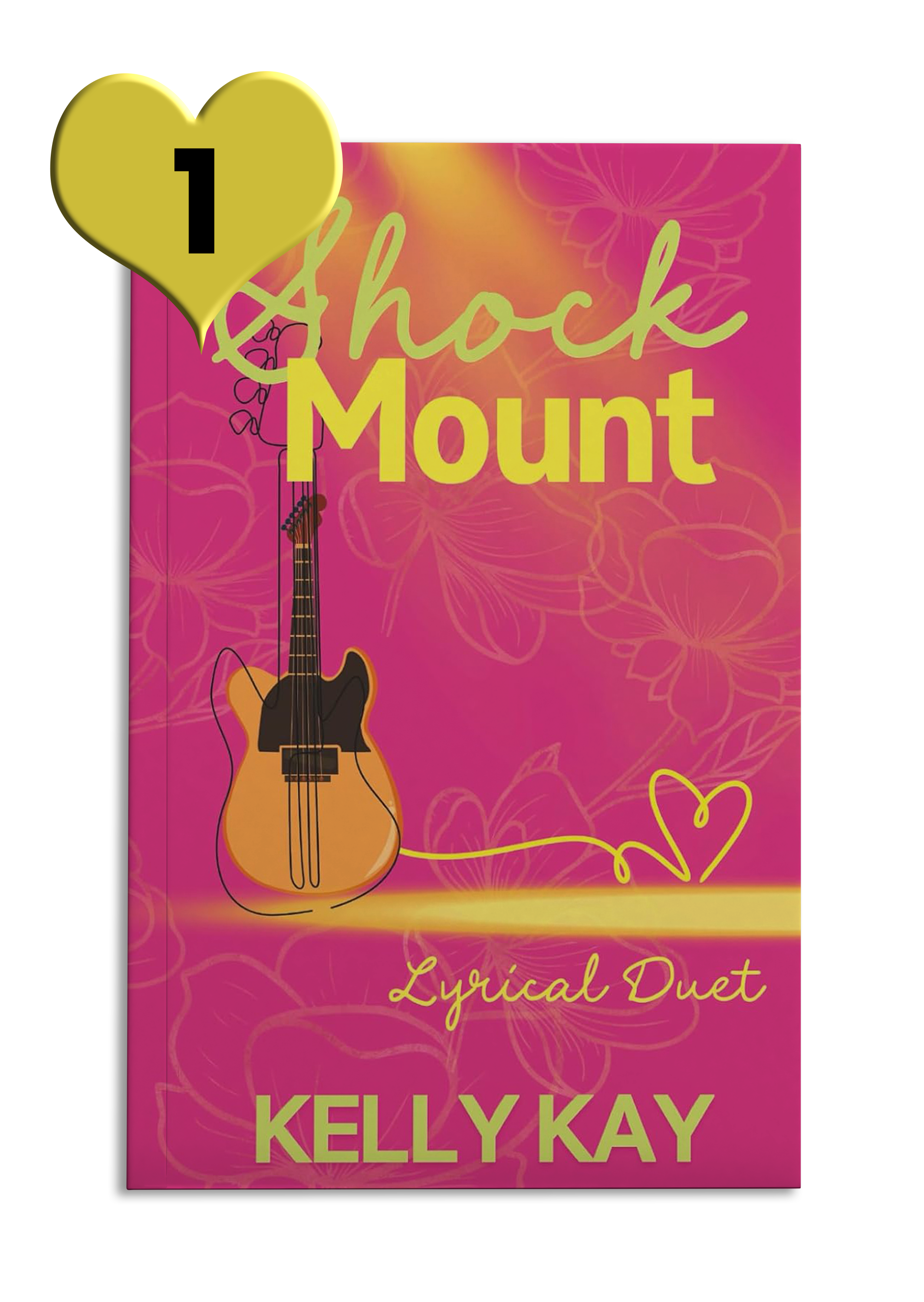 Hot pink book cover reads 'Shock Mount' by Kelly Kay with an illustration of an orange electric guitar in yellow title text
