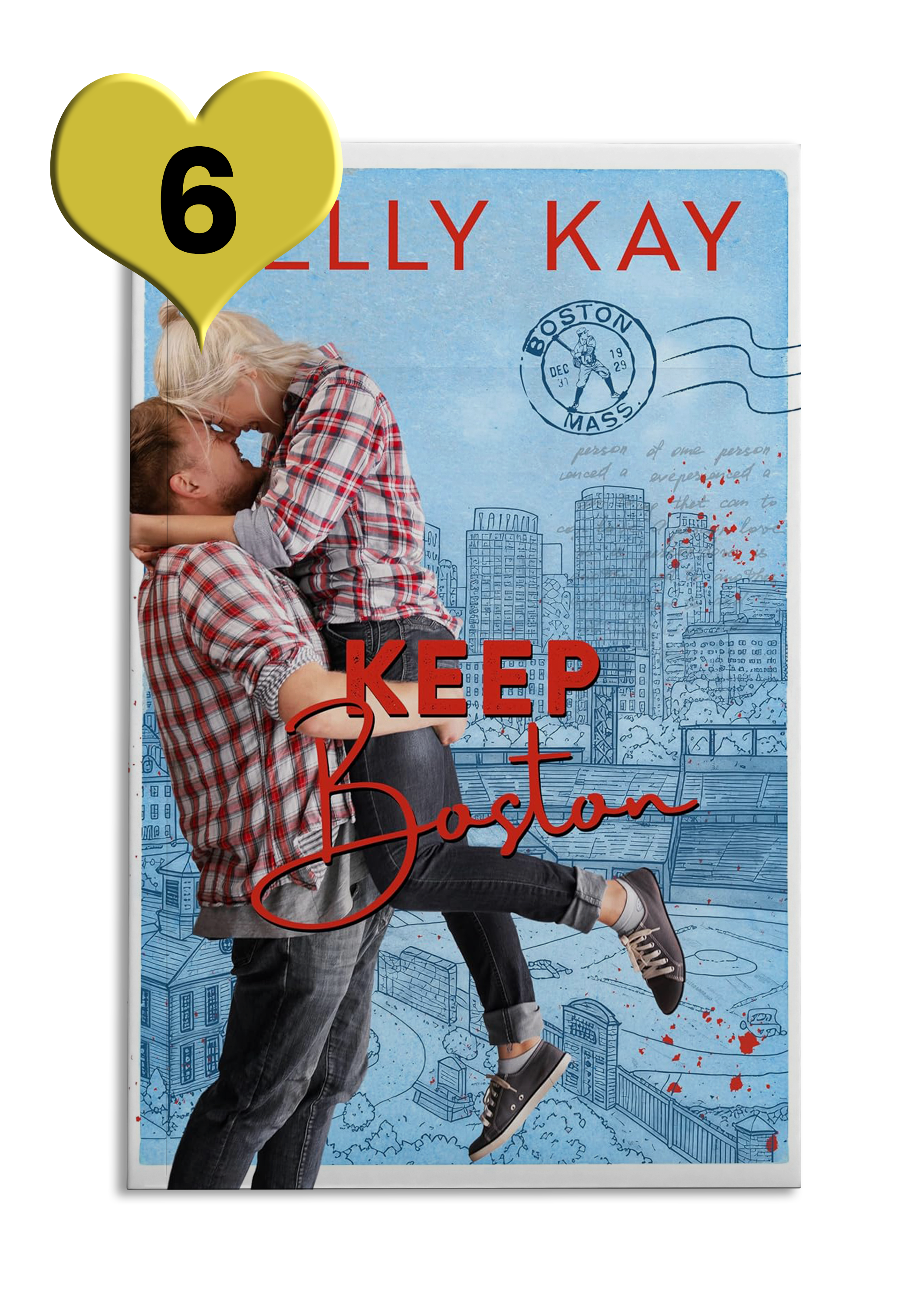 Photo book cover reads 'Keep Boston' by Kelly Kay with a couple in plaid against a blue Boston skyline background