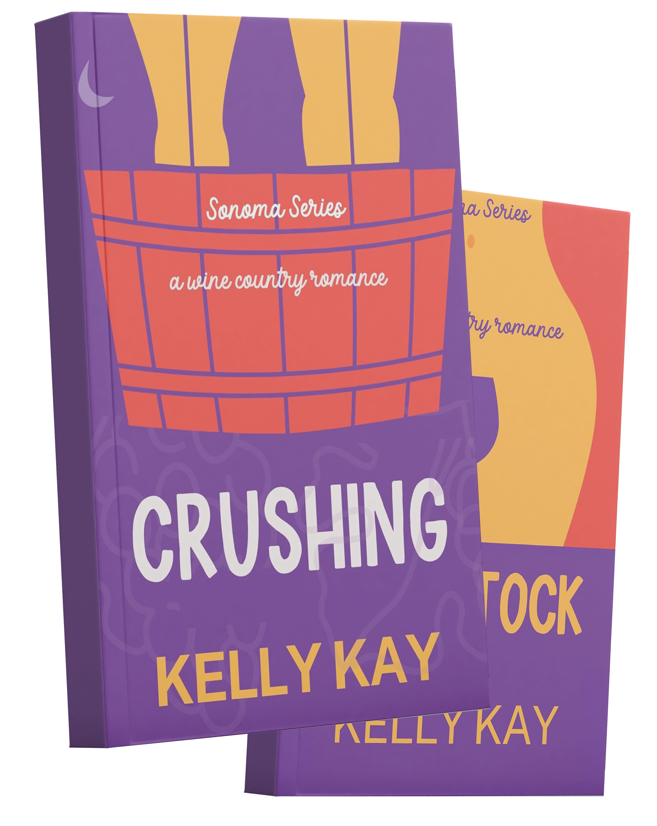 Two colorful books with the titles 'Crushing' and 'Rootstock' by Kelly Kay, featuring vibrant purple, red, yellow, and orange covers.