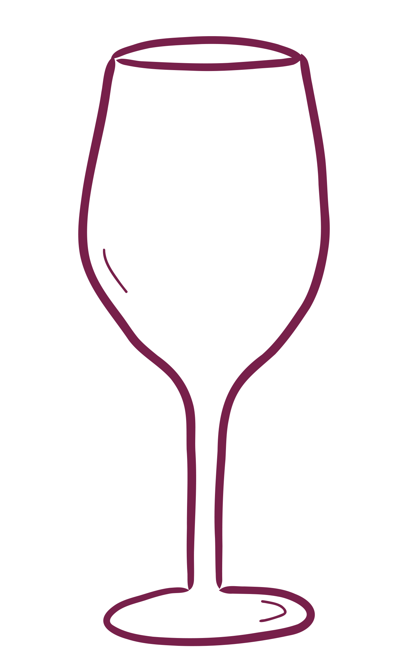Minimalist line drawing of a wine glass with a purple outline against a transparent background.
