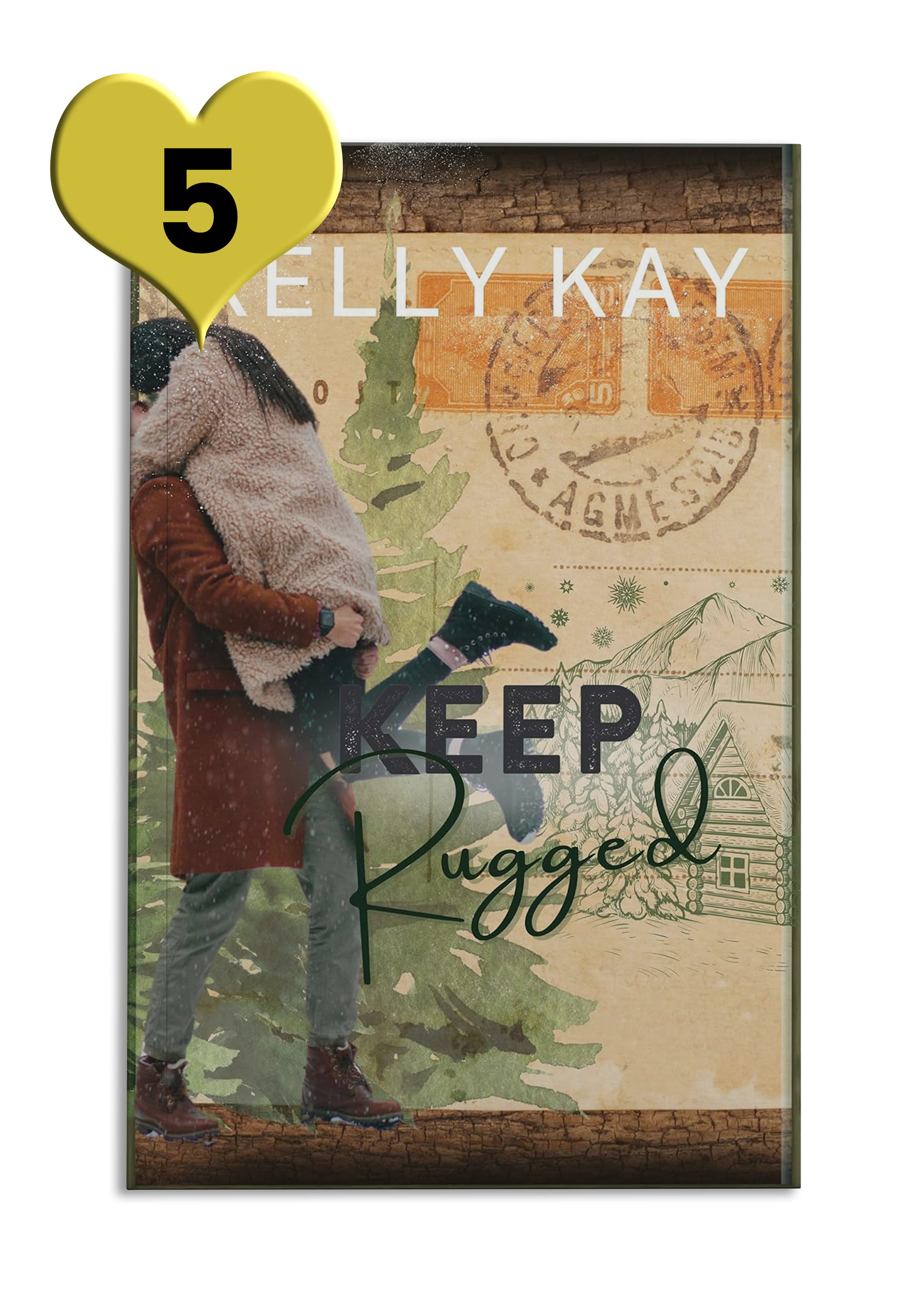 Photo book cover reads 'Keep Rugged' by Kelly Kay with a couple in winter coats embracing against a pine-forest background
