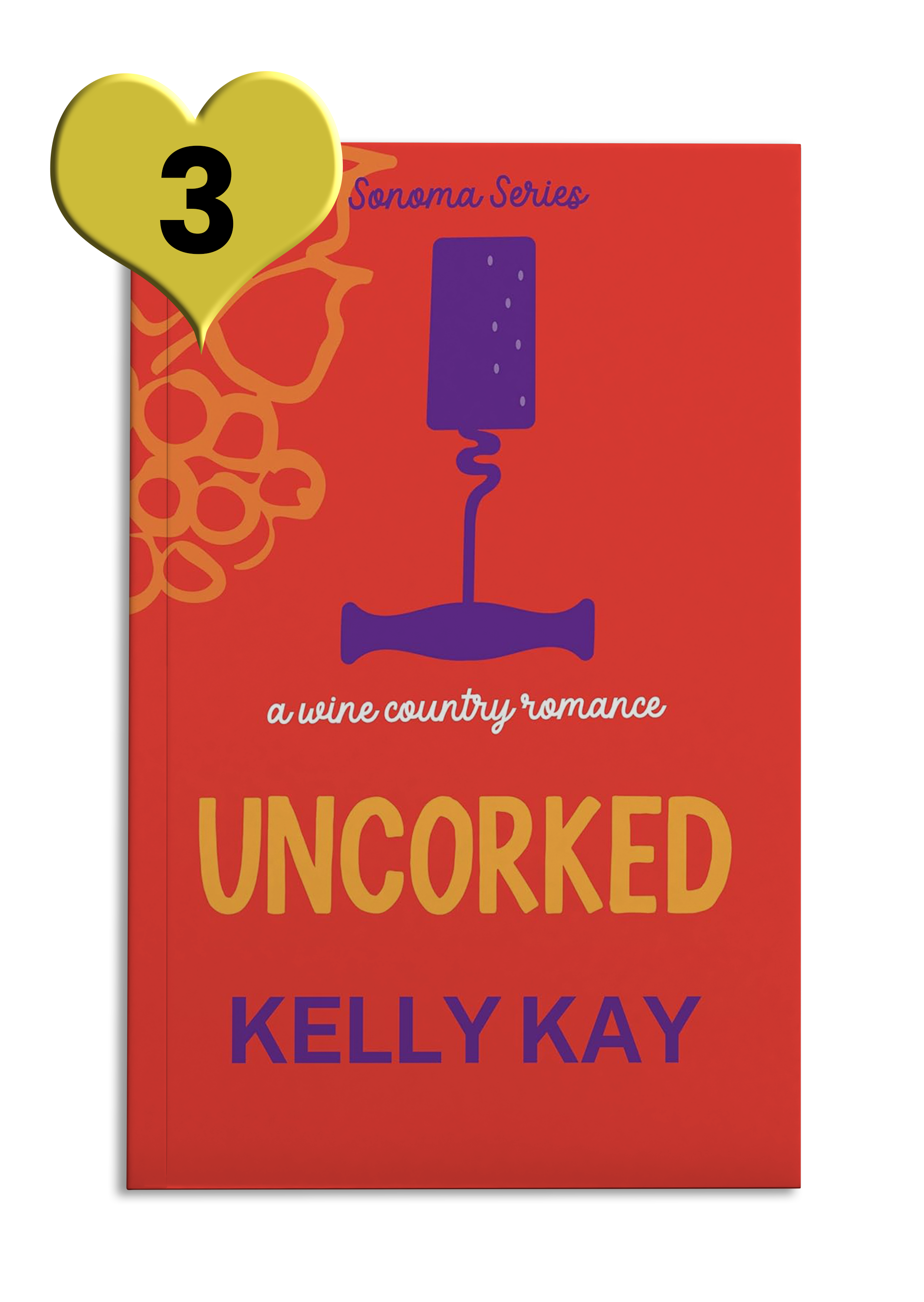 A red book cover reads 'Uncorked' by Kelly Kay - With a purple manual corkscrew in the top middle..