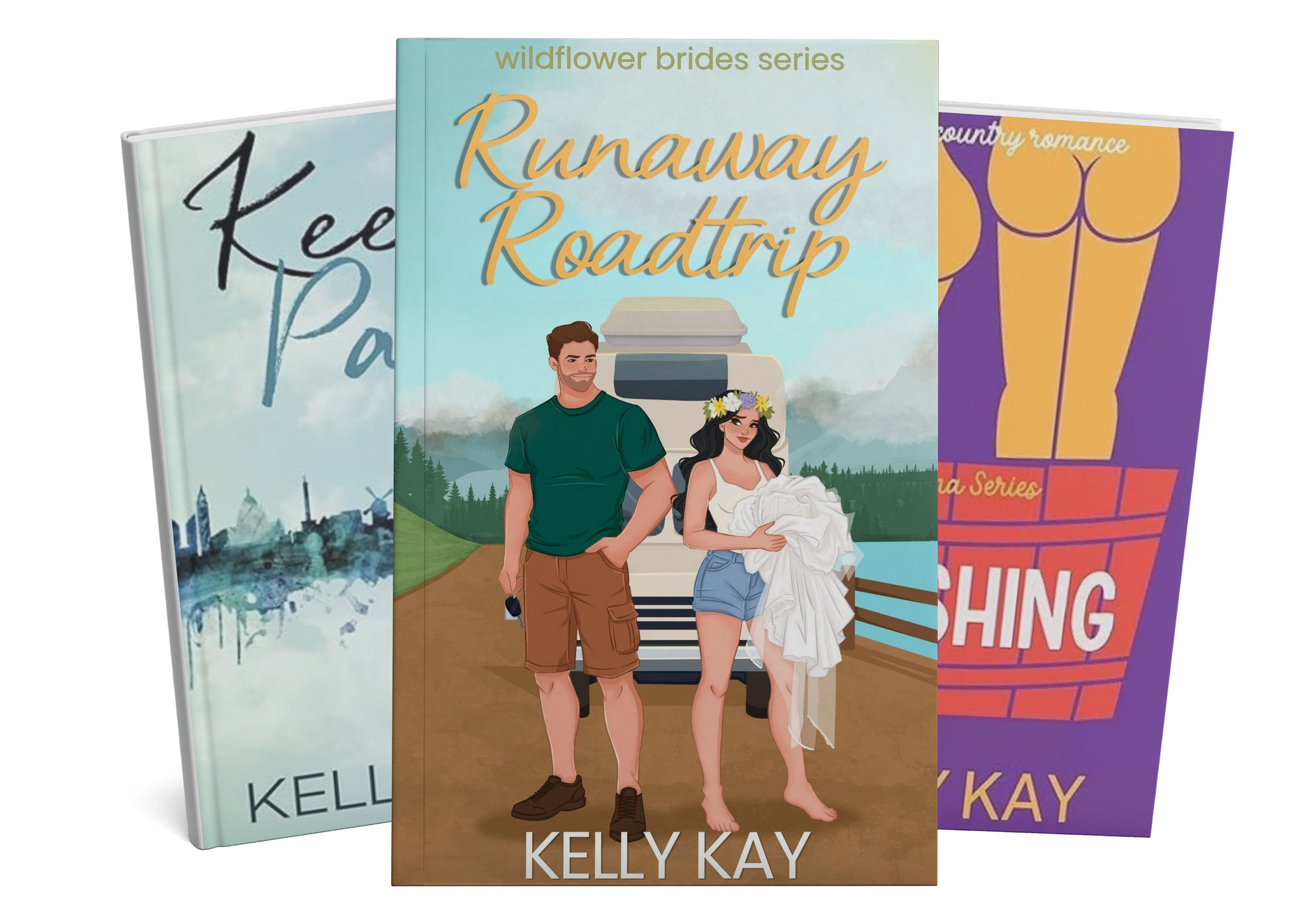 Three books by author Kelly Kay, two on the sides and one in the middle, the middle book reads Runaway Roadtrip with a character drawing of a man and woman standing in front of an RV.
