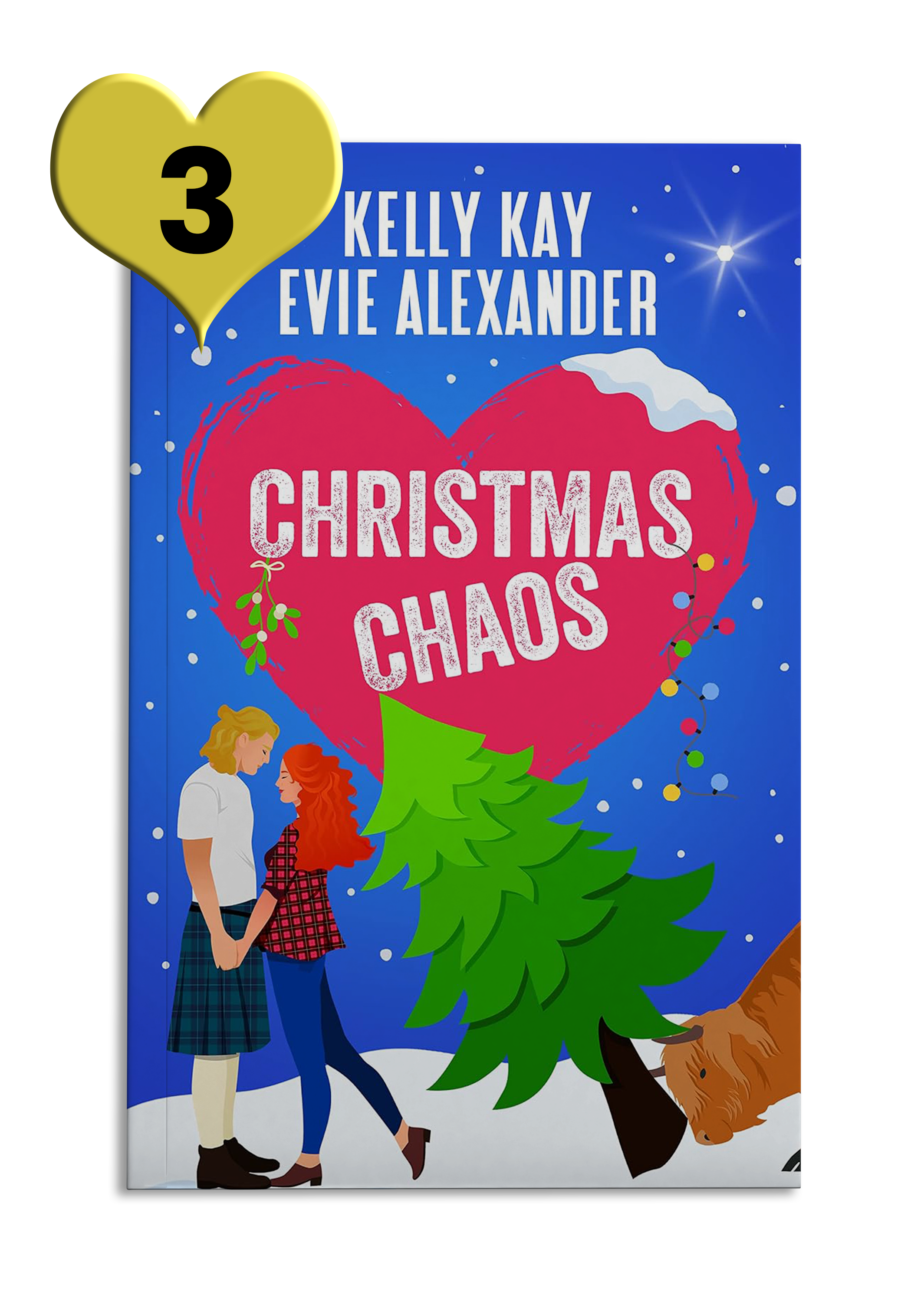 Blue snowy book cover reads 'Christmas Chaos' by Kelly Kay and Evie Alexander in a pink heart, with an illustration of a couple beside a Christmas tree
