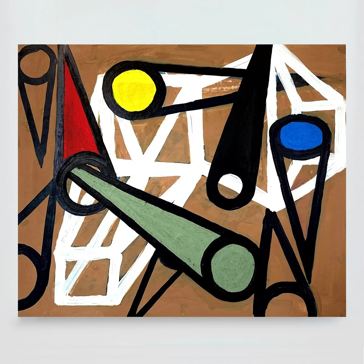 The Cones 1 [Nine Cones with Armature]... acrylic paint and oil stick on wood panel, 24 x 20 in./61 x 51 cm., 2023