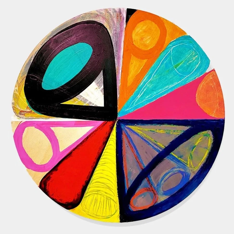 The Cones 2 [Cone Disk]...acrylic paint and oil stick on wood panel, 24 x 24 in./61 x 61 cm, 2023