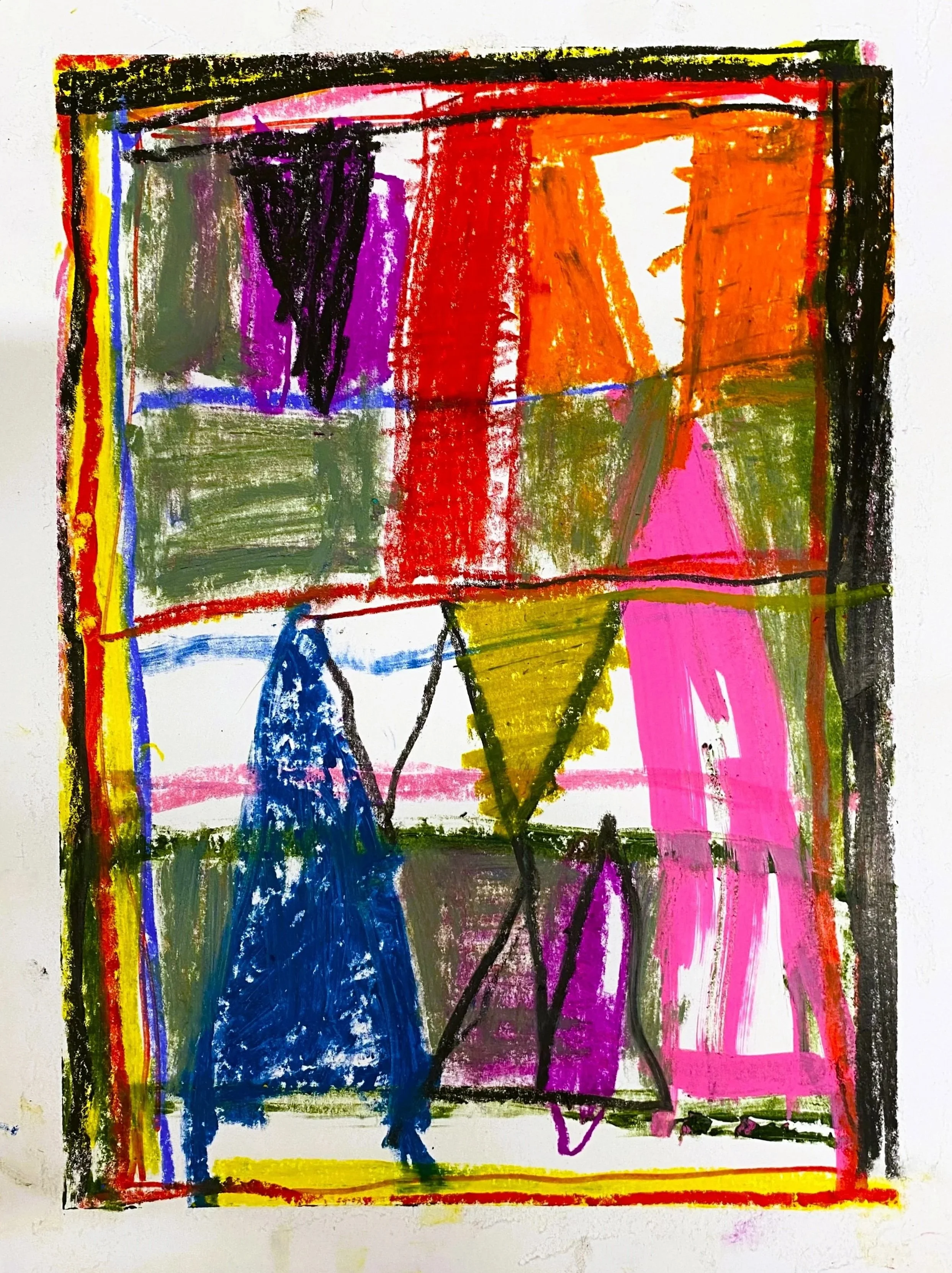 Wedgy 1, colored pencil, acrylic marker, oil paint stick, oil pastel and acrylic paint on paper, 9x12in./23x30.5cm. 