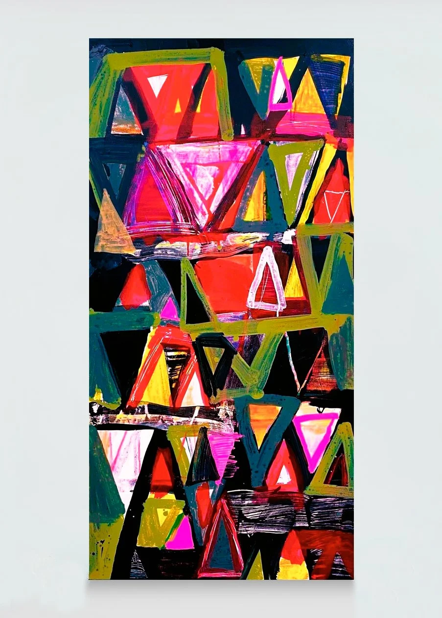 Wedgy 4c, acrylic paint and marker, pastel crayon and oil paint stick on canvas, 24x48in./61x122cm. 
