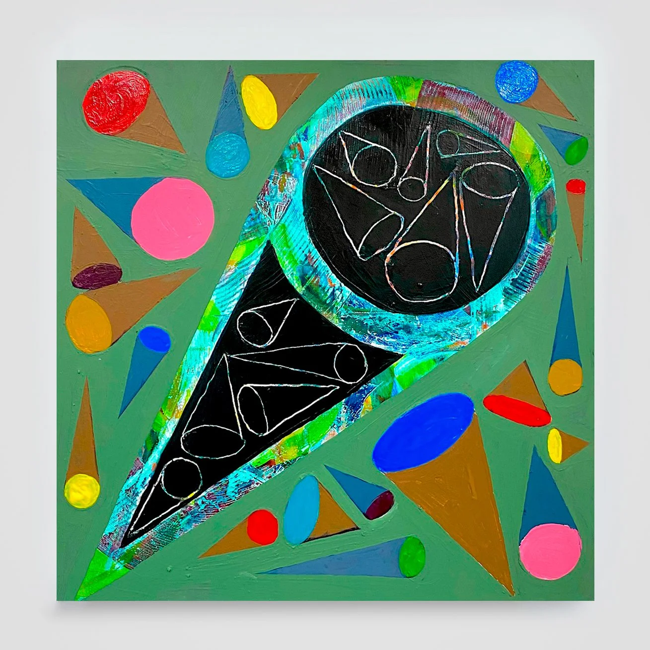 The Cones 6...acrylic paint and oil stick on wood panel, 30in./76cm. sq.,  2023