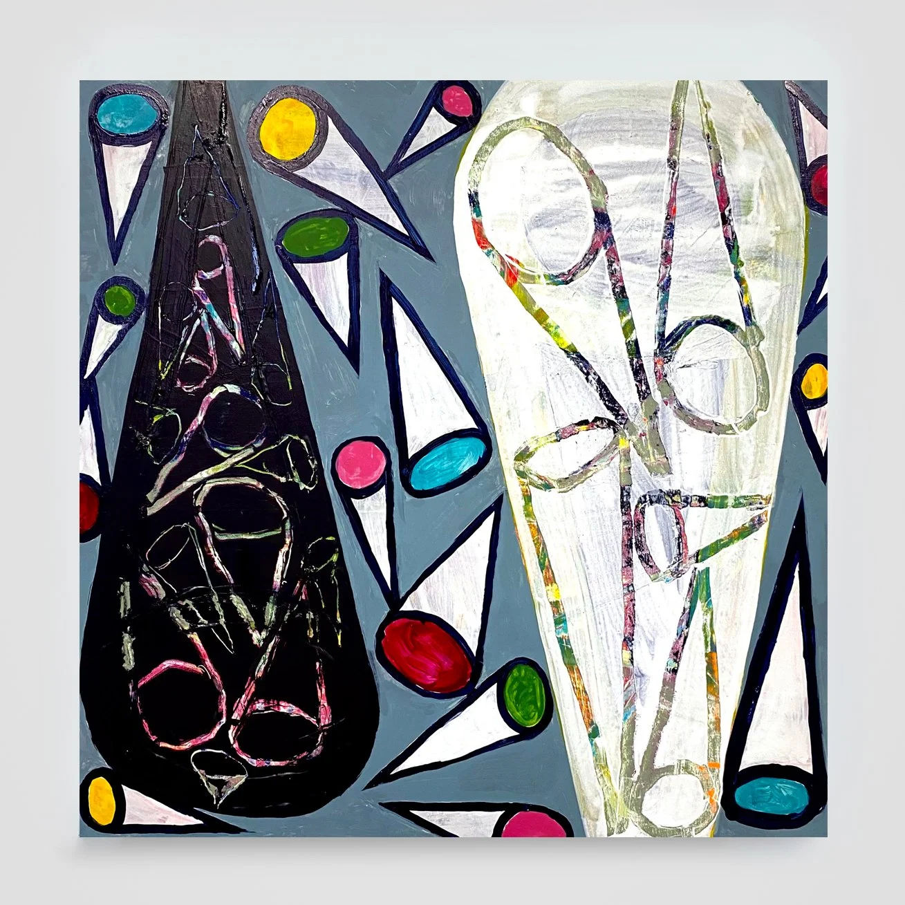 The Cones 4...acrylic paint and oil stick on wood panel,  24jn./61cm. sq., 2023