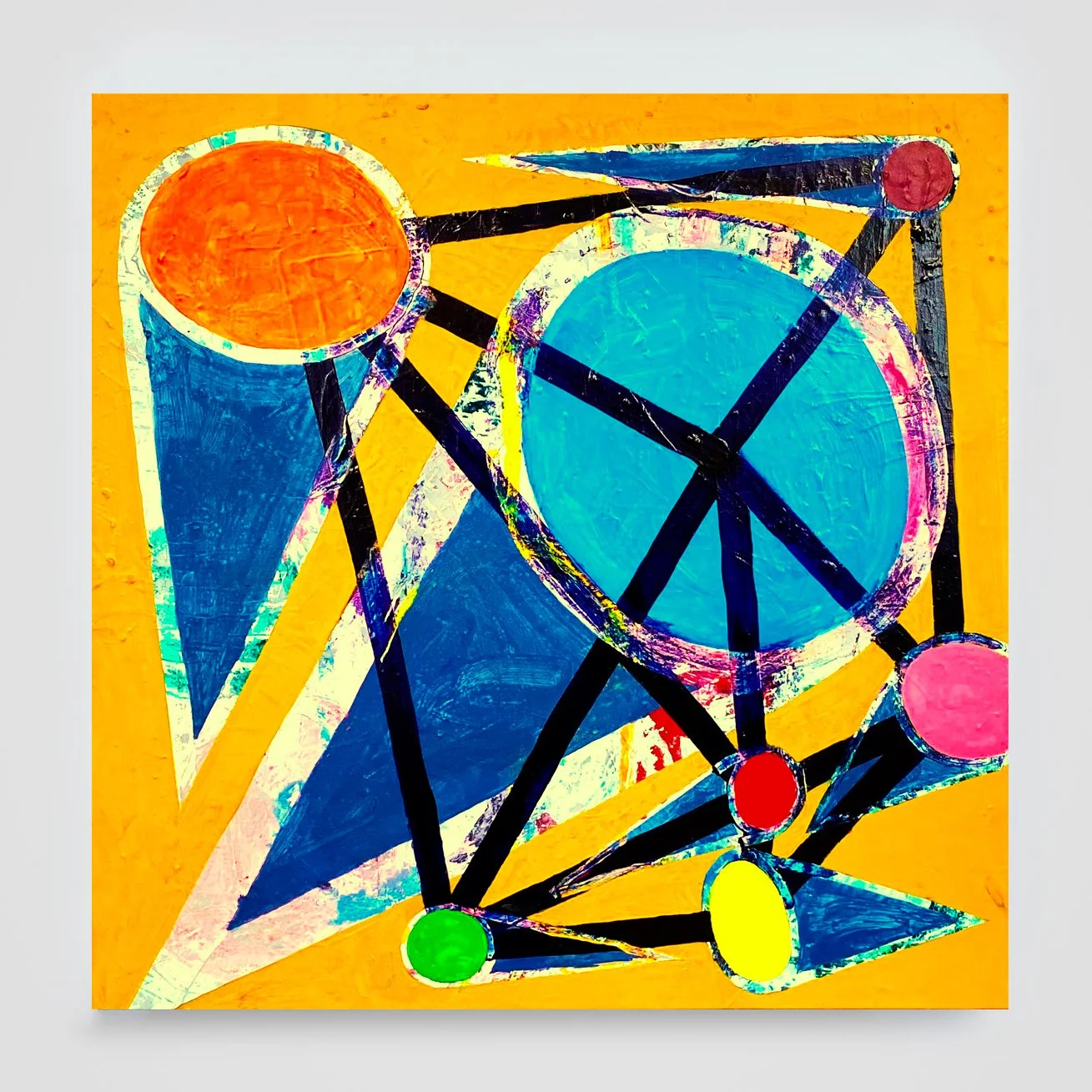 The Cones 5...acrylic paint and oil stick on wood panel, 36in./91cm. sq., 2023
