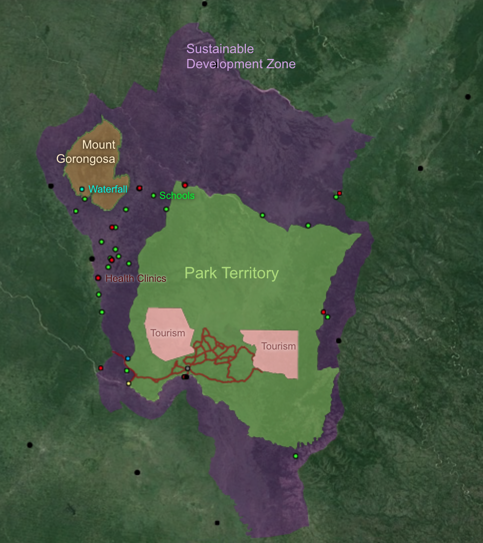 Map of a region divided into zones with labels such as 'Sustainable Development Zone', 'Mount Gorgonsa', and 'Park Territory'. The map shows locations marked for 'Waterfall', 'Schools', 'Health Clinics', and 'Tourism' with various colored dots and areas shaded in different colors.