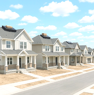 Row of newly built suburban houses on a sunny day with a clear blue sky.