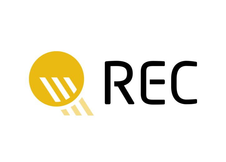 Logo with a yellow circle featuring three white diagonal lines and the word 'REC' next to it.