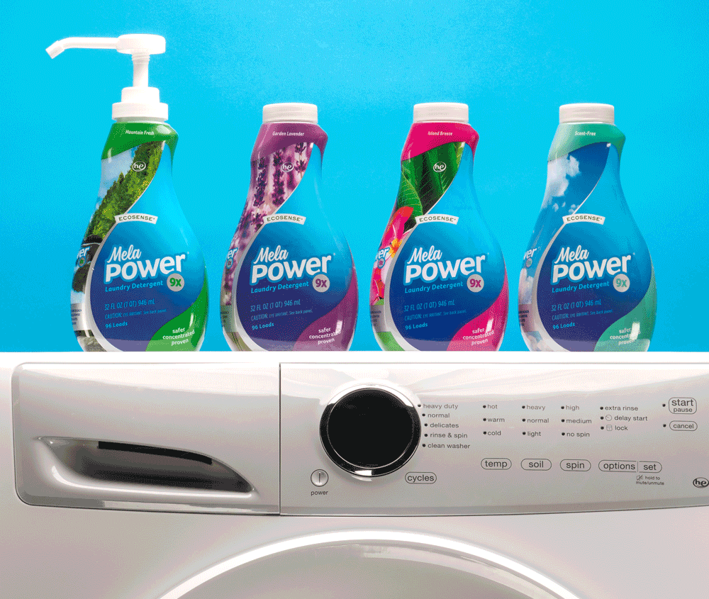 Four bottles of Mela Power laundry detergent on top of a washing machine, with a blue background.