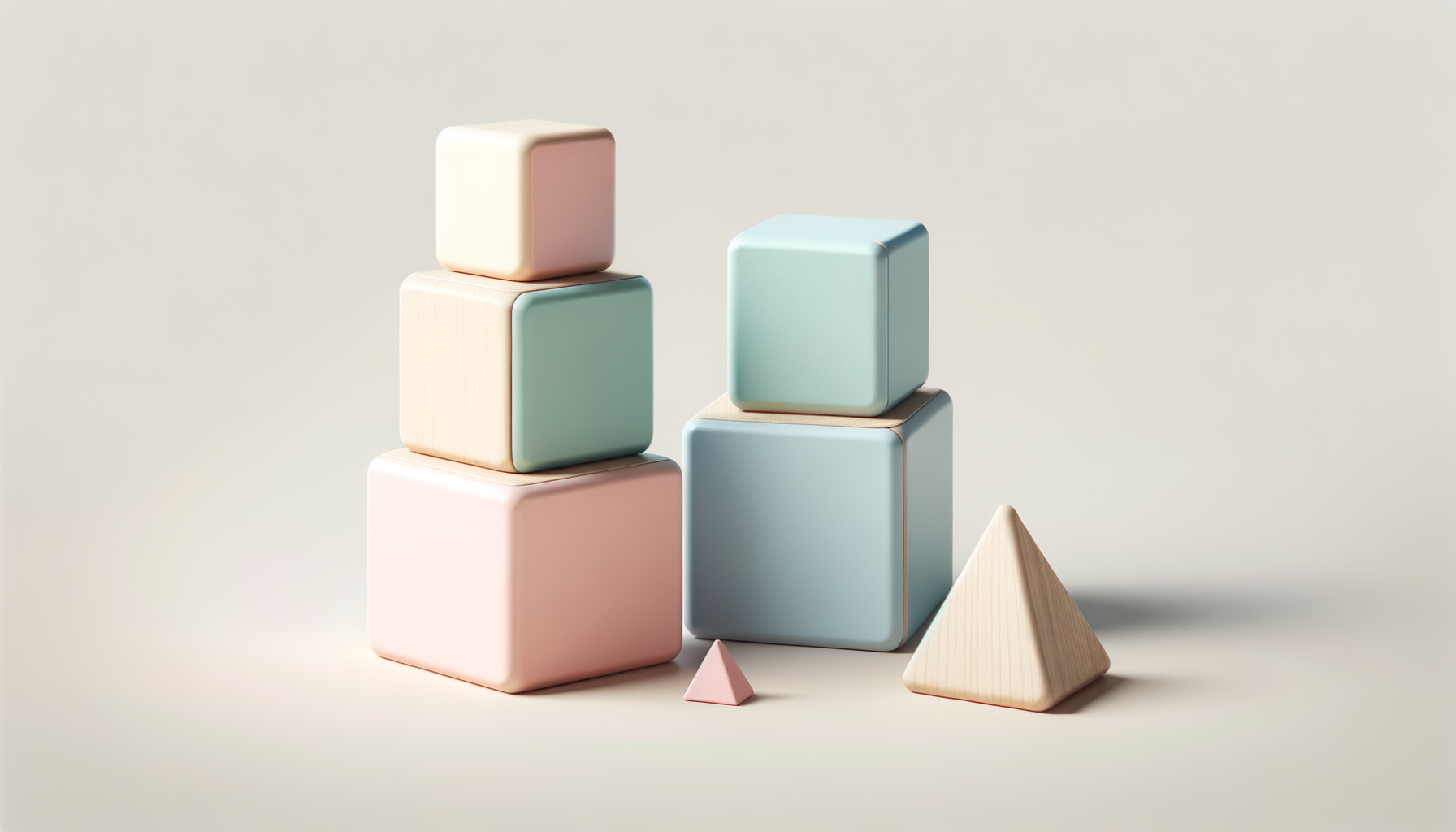 Arrangement of pastel-colored wooden and plastic geometric blocks including cubes, a pyramid, and a small triangular prism on a neutral background.