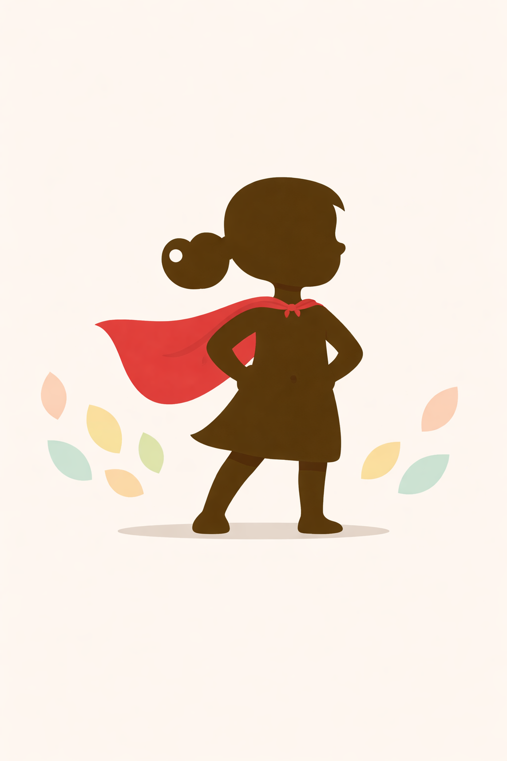 Silhouette of a girl with a red cape, standing confidently with hands on hips, surrounded by colorful leaves.