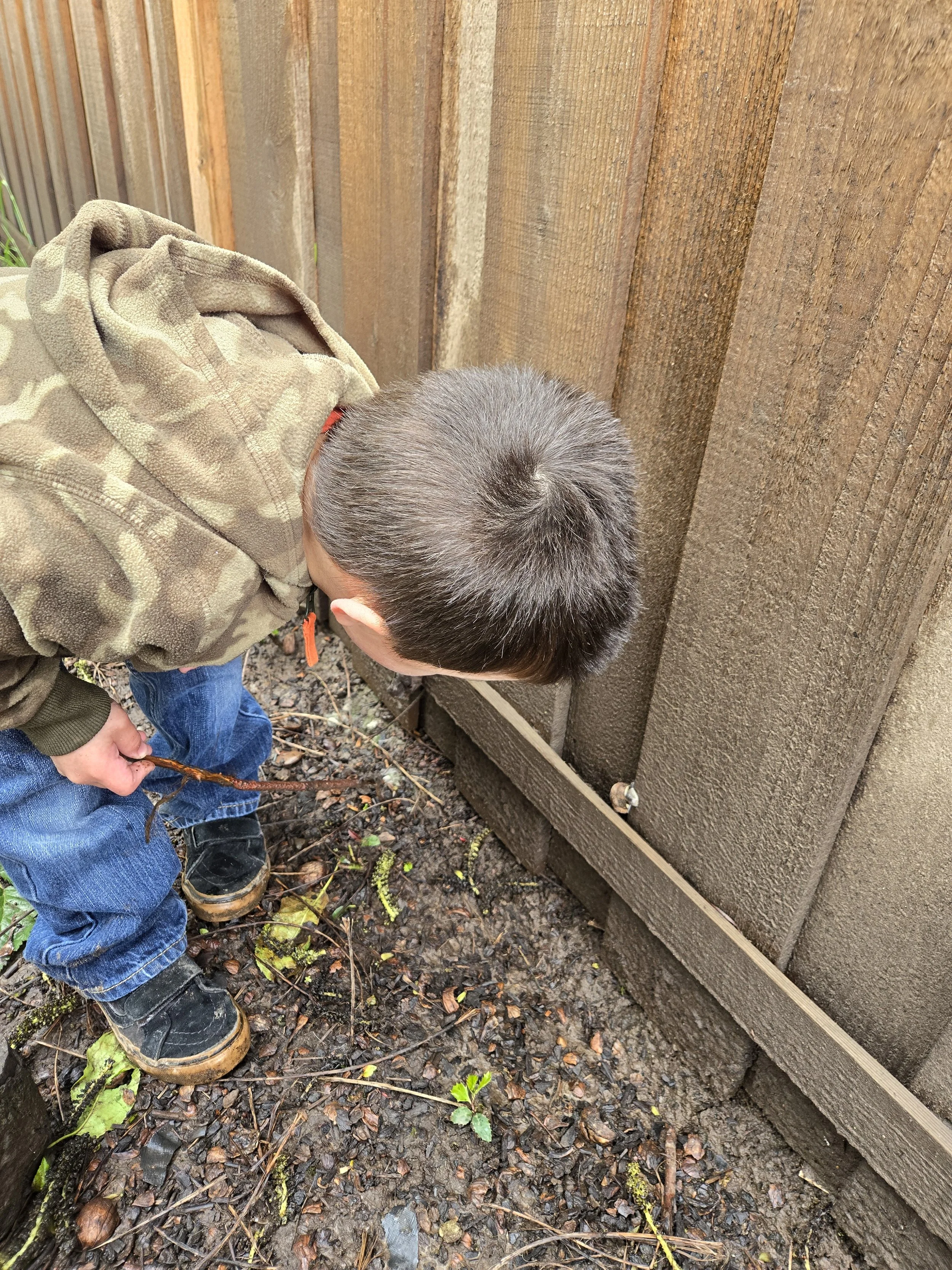 A young boy wearing a camouflage hoodie and blue jeans is crouching down outdoors near a wooden fence, holding a small stick, and examining the ground.