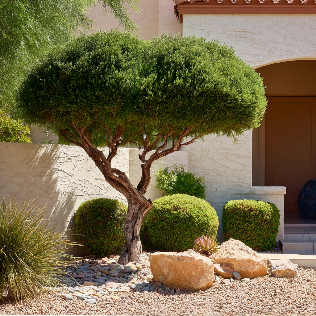 A small 8 foot tall tree neatly trimmed with boulders river rock and other underneath it. There are small bushes that are trimmed too in front of a well kept off white house.