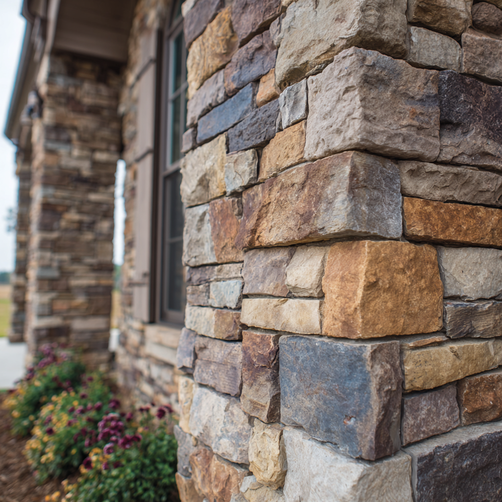 Stone Veneer installed on a beautiful home in hues of brown, tan, grays, rust, black, purples, and whites. There is a window in a muted skin tone and purple and yellow flowers with fresh mulch professionally installed.