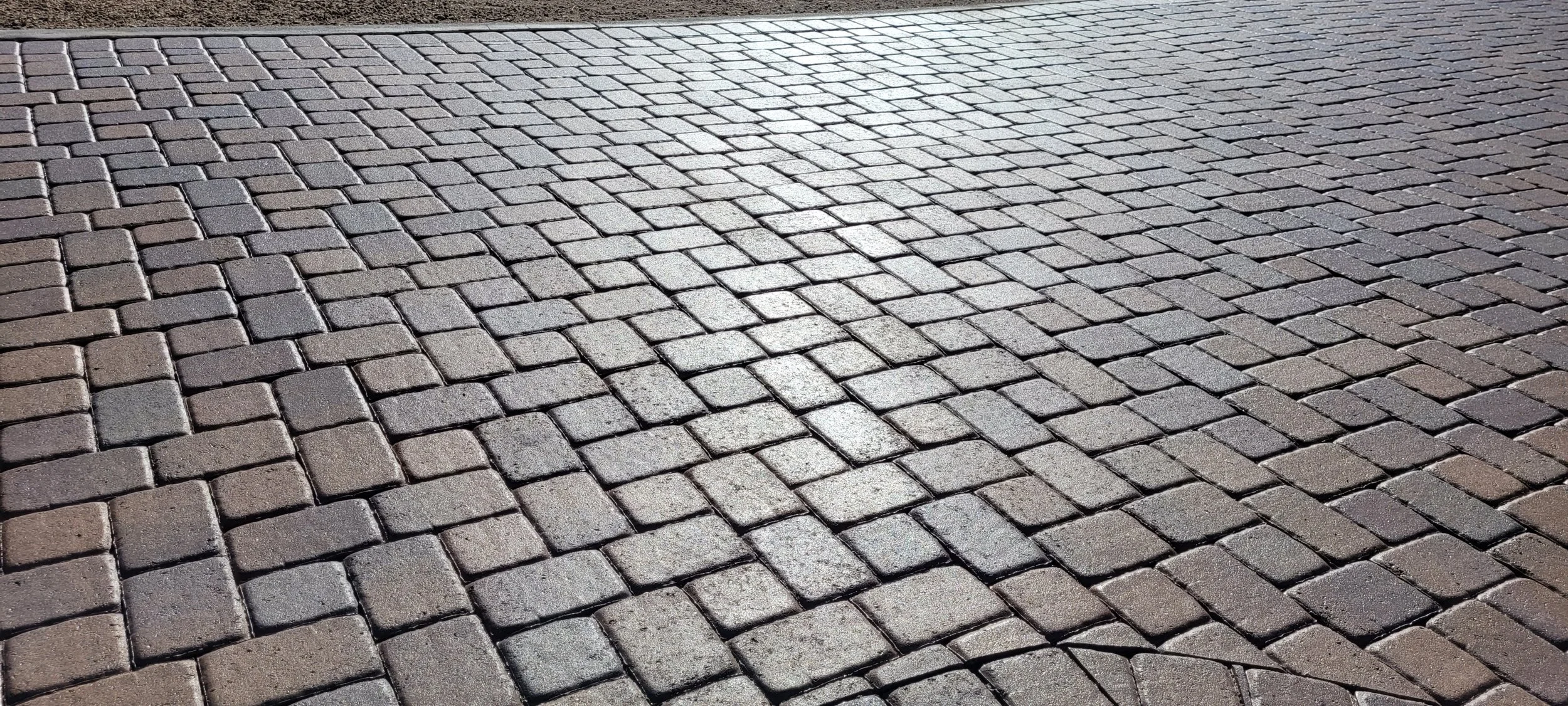 Hundreds of Pavers sealed with a concrete sealer. They have a satin finish to them, though there are glossy and matte finishes also. The color is Navajo blend which consists of tan, orange, yellow, purples, grays, and browns.