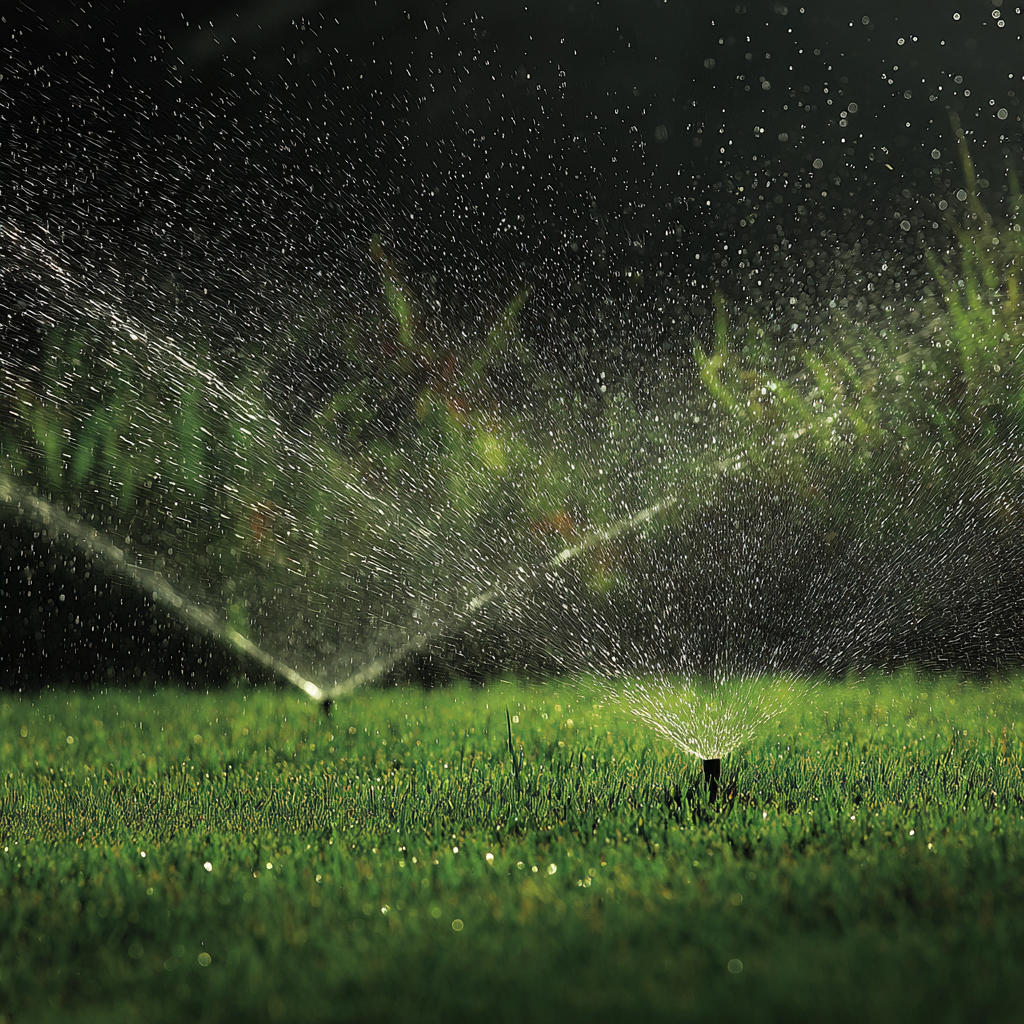Sprinklers watering lush green grass, possibly reseeded and very green. The sprinklers are generously watering the intended area with accuracy.