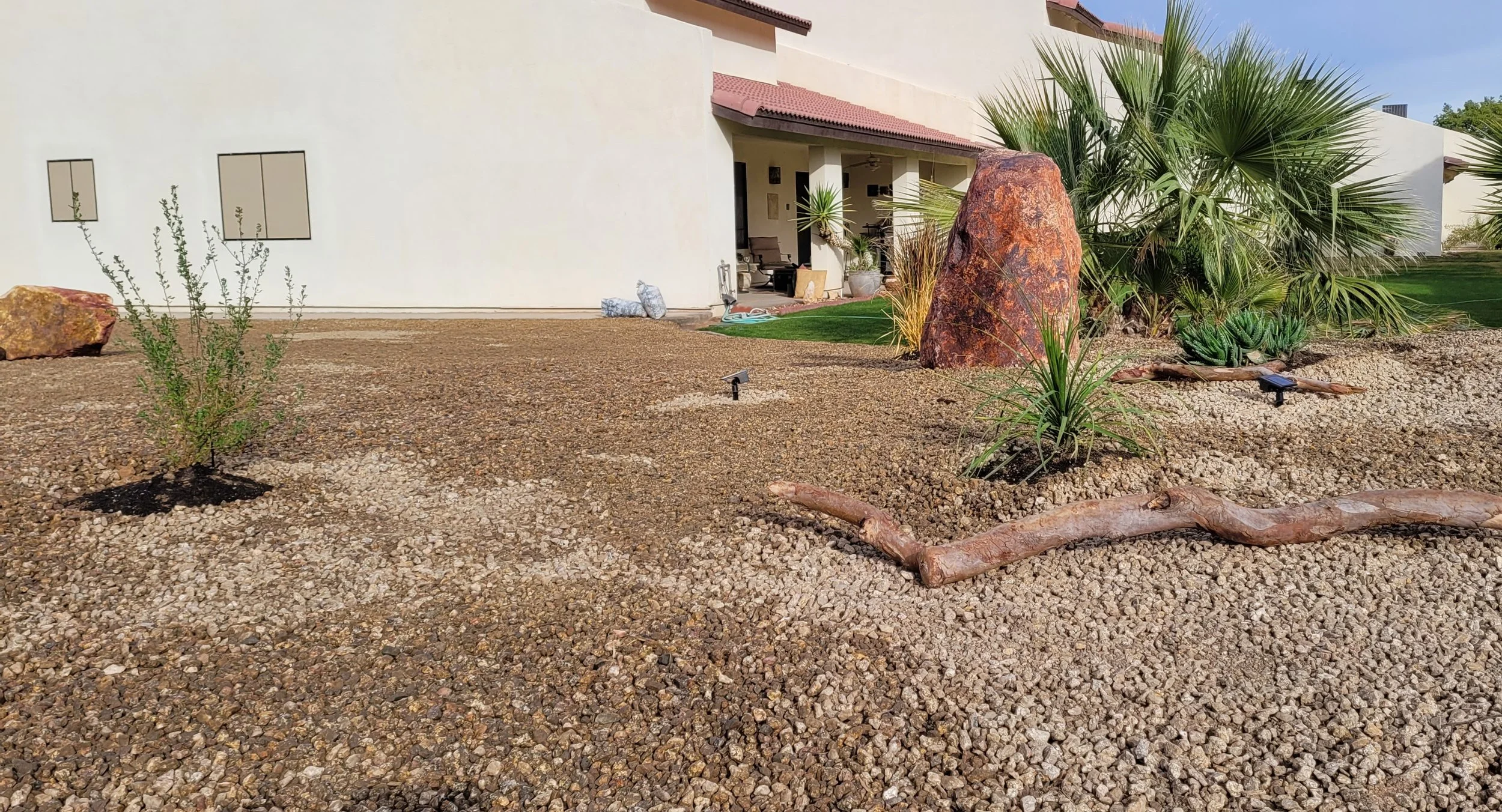 A photo of a very big 1 ton boulder with wooden branches laid throughout the rock. There are desert succulent plants and a big palm tree. The landscaping is proportionate and expertly designed. There are also solar light fixtures lighting key areas.