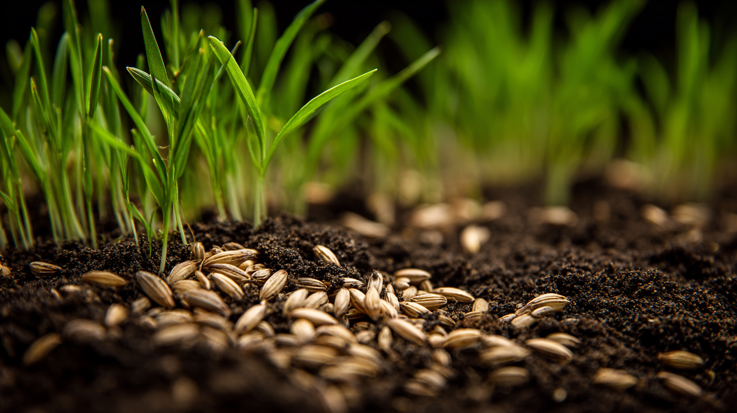 Seeding services where grass is freshly installed by a landscaping contractor. There are seeds with some sprouting on fresh dark soil.