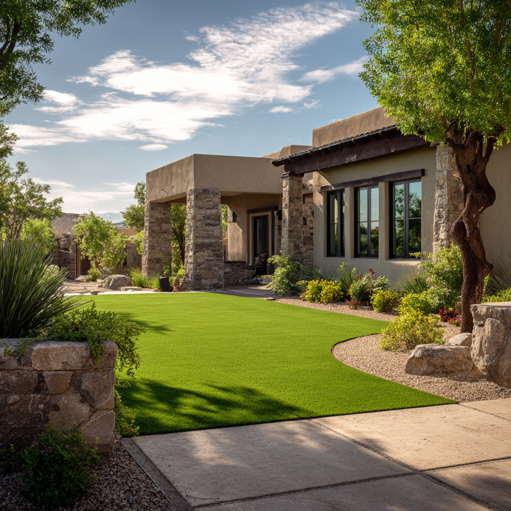 A beautiful tan home with stone veneer and rustic wooden accents throughout. It has fresh looking artificial turf and very nice landscaping with boulders and rocks a tree and a concrete driveway in Yuma, Arizona.
