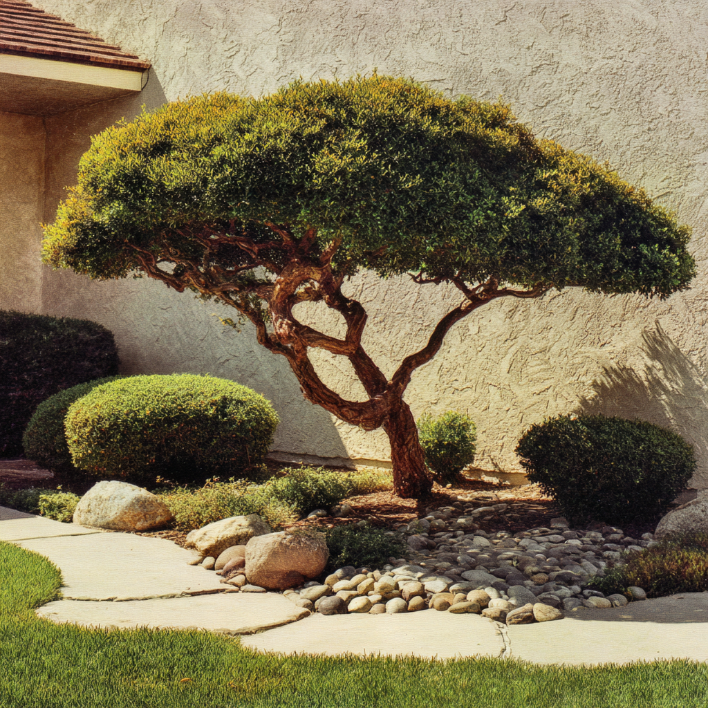 A neatly trimmed short tree next to a path. There are a few river rocks under the tree and the tree has mulch at its trunk. There are a few trimmed bushes as well next to a house with a more traditional stucco finish.