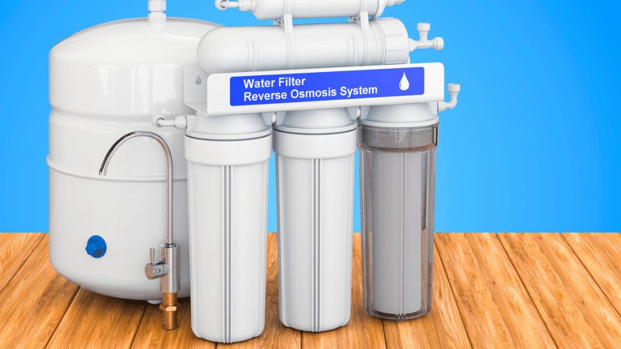 A reverse osmosis system for drinking water. The image has 3 standard 10" canister filters. Purified water from a reverse osmosis system is healthier as most (if not all) of the contaminants, sediments, and even odors results in better tasting water.