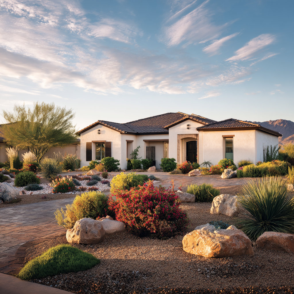 A beautiful home with landscaping design by contractors and a professional designer. There are boulders and rocks installed in the landscaping resulting in a beautiful exterior and providing excellent curb appeal.