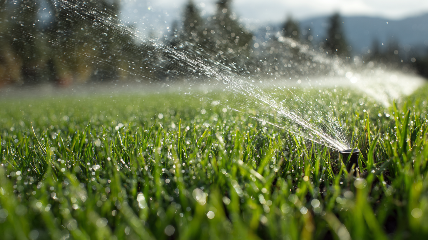 Close-up of green grass being watered by a sprinkler on a sunny day