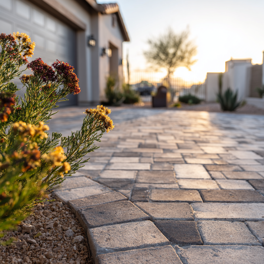 An image of a paver driveway installed by Arizona Quality Landscaping Company, LLC in Yuma Arizona. There is a tree in the distance, a new home on the left, a small plant that has red and yellow flowers. The pavers are from light to dark gray.