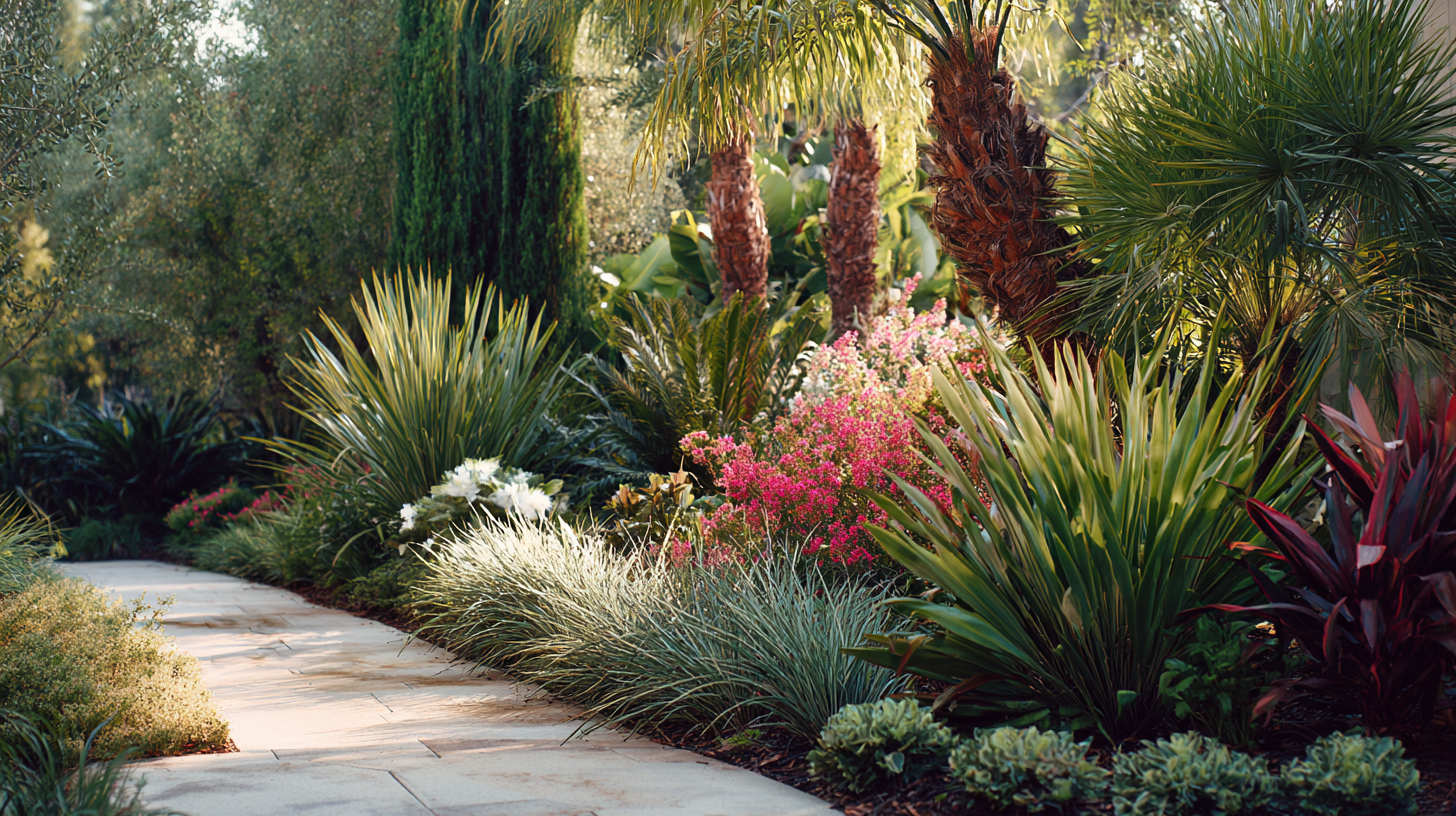 Beautiful plants in hues of green, pinks and purples growing closely together. There are slender tall pine trees as well as some tropical purple plants and desert plants with adult pigmy palms in between. All of the plants have dark brown mulch.