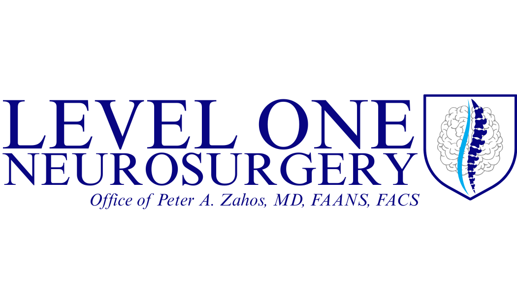 Level One Neurosurgery logo with shield design and stylized spinal cord, representing the practice of Peter A. Zahos, MD, FAANS, FACS.
