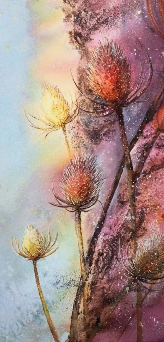 Watercolor painting of colorful thistles against a mottled red and hyellow background by artist Lisa Cantrell - Off the Beaten Path Studio Tour.png