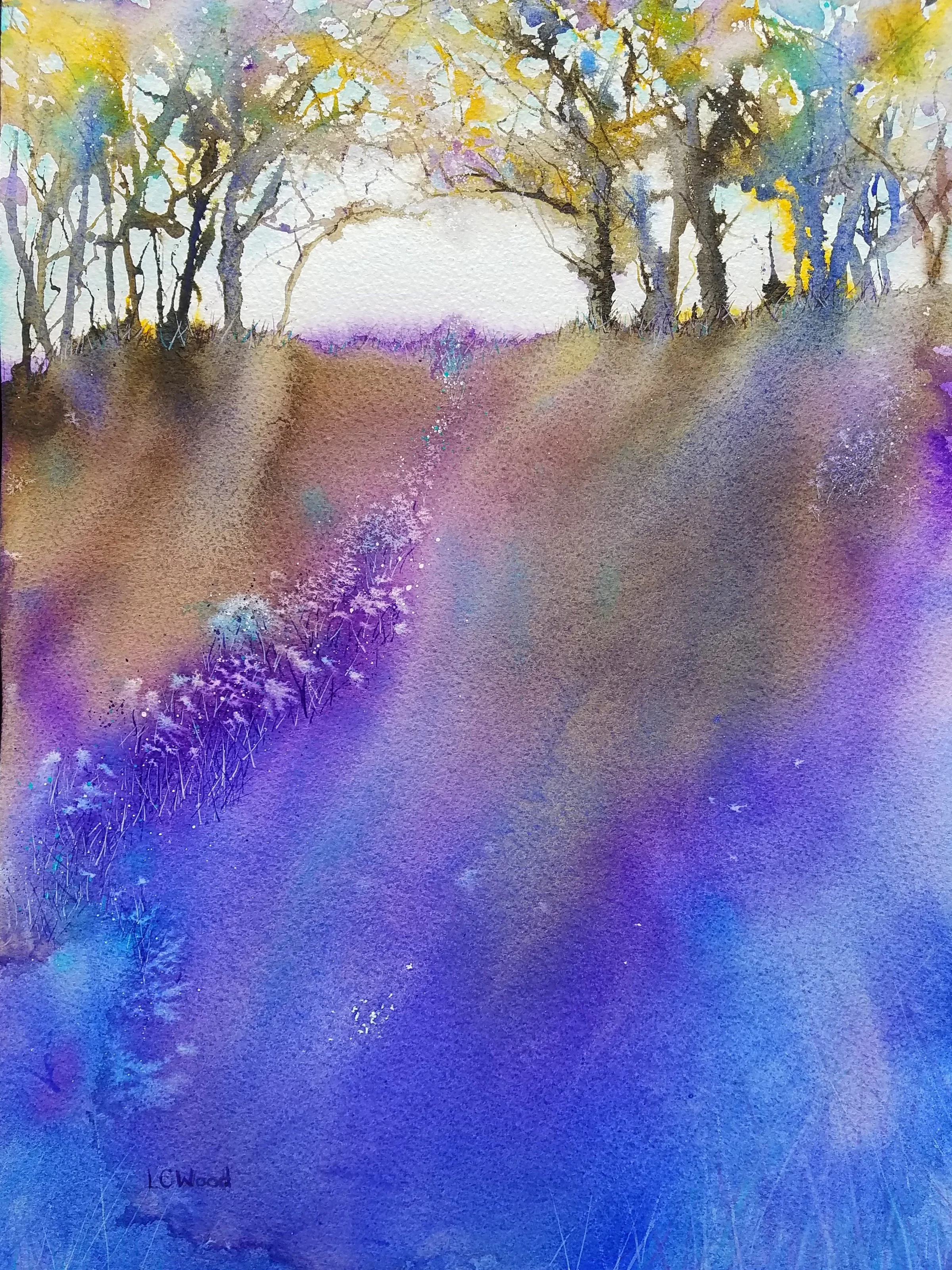 Colorful nature painting sunlight streaming through trees on a ridge by artist Lisa Cantrel.jpg